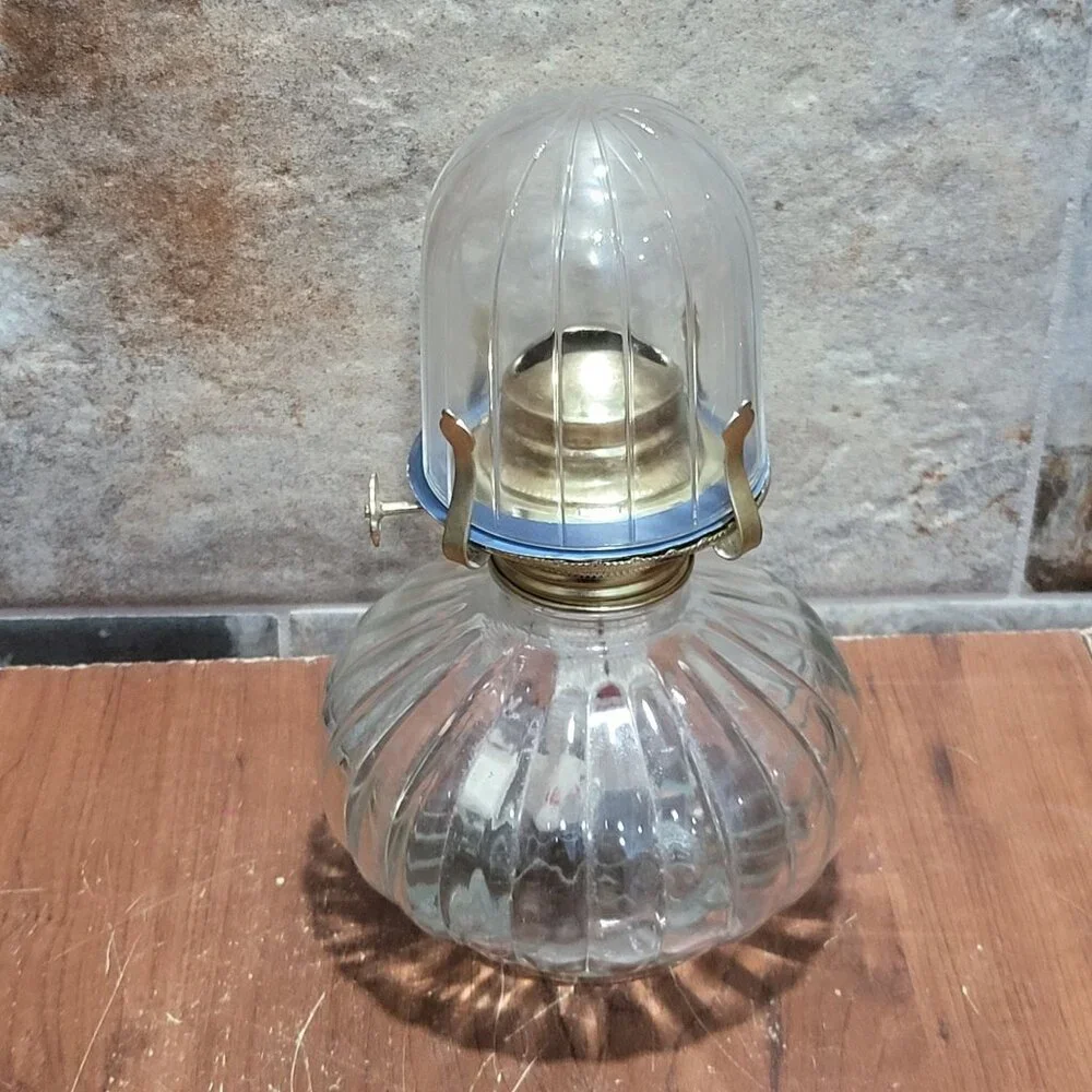 Vintage Golden Globe Clear Glass Kerosene Oil Lamp Ribbed Base